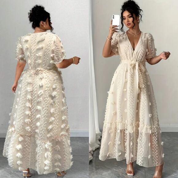 SHEIN Dresses & Skirts - SHEIN Cottagecore Curve V-Neck Jacquard Puff Sleeve Tie Front Cream 3D Dress 1X